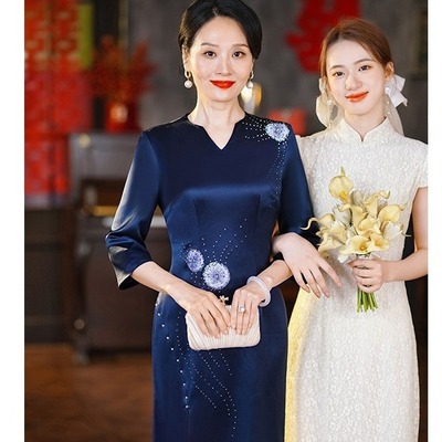 妈妈中年婚宴礼服喜婆婆藏蓝新款长袖秋冬旗袍大码23023