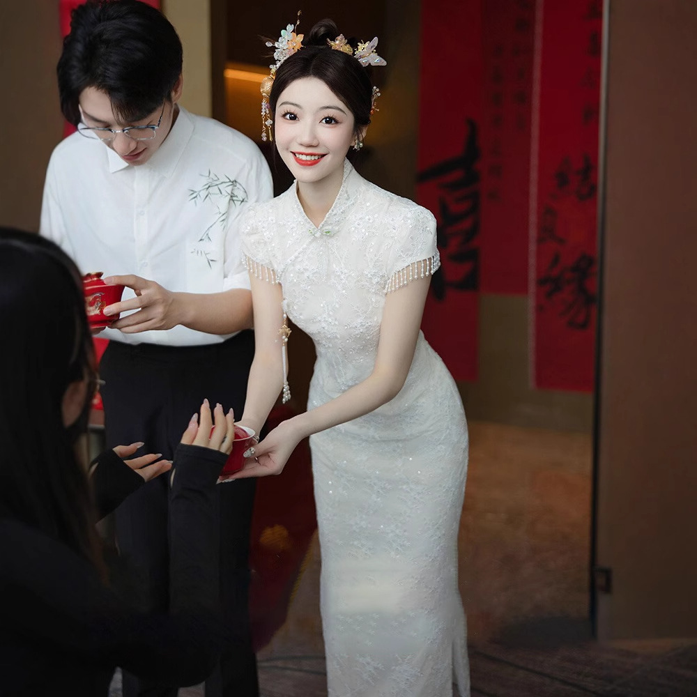 新中式旗袍女2025新款白色订婚结婚礼服小个子高端新娘结婚敬酒