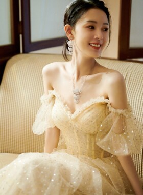 晚礼服甜美一字领灯笼袖网纱亮片蛋糕裙长款法式小礼服女2025