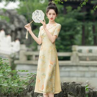 低领花满絮长款妈妈2024新款夏季年轻款女康莉可穿新中式连衣裙