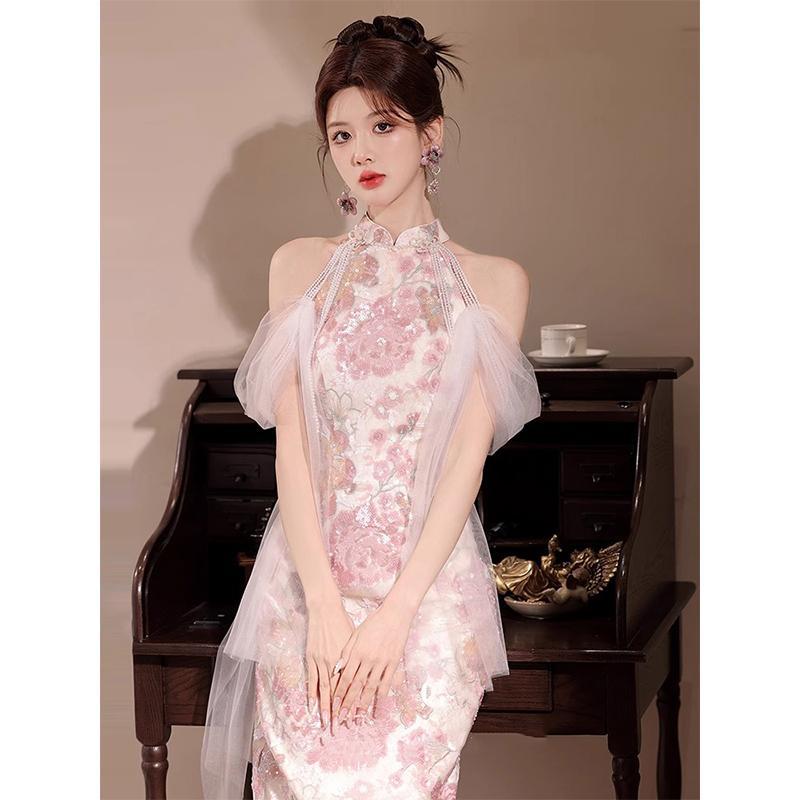 敬酒服新娘2025新款高端轻奢小众中式绝美订婚礼服旗袍裙粉色