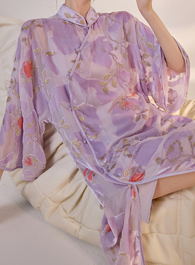 新款国风重工刺绣浅紫色长款衬衫感显瘦桑蚕丝上衣 m5123