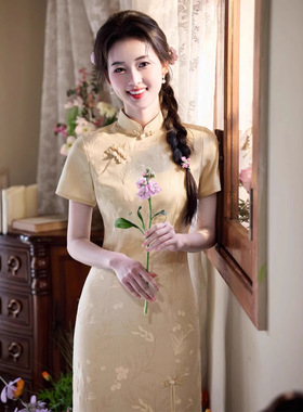 竹节麻印花前开叉短款旗袍连衣裙日常年轻改良女气质中国风