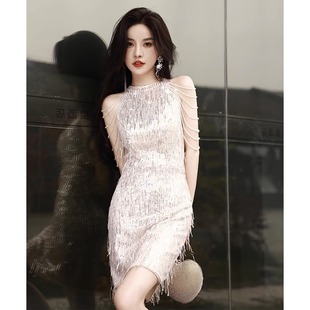 晚礼服女2025新款宴会轻奢小众主持人亮闪短款收腰鱼尾裙成人