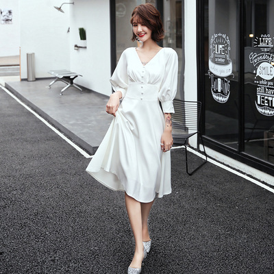 白色小晚礼服裙女2025新款气场女气质平时可穿缎面洋装宴会法式
