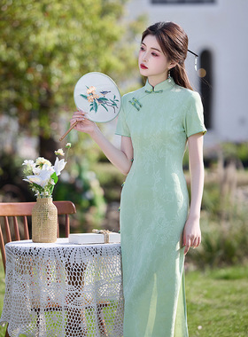 绿色日常旗袍2025年新款夏季素雅复古年轻款改良连衣裙女高考