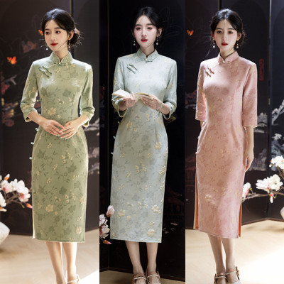 麂皮绒单层印花中长款中袖旗袍2025秋冬新款复古国风年轻女士