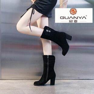 冠亚真皮女鞋马丁靴女秋冬新款中筒靴粗跟百搭加绒磨砂高跟配裙子