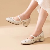歌迈舒适女鞋 女 软底妈妈粗跟凉鞋 玛丽珍单鞋 真皮镂空复古宽楦皮鞋