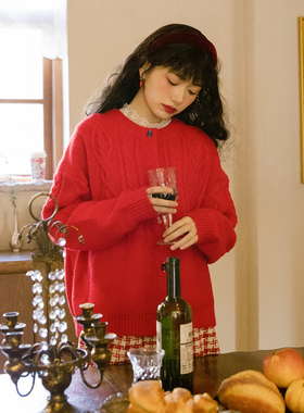 爱爱丸 糖果熊纽扣绞花毛衣针织开衫外套女红色复古宽松古着感