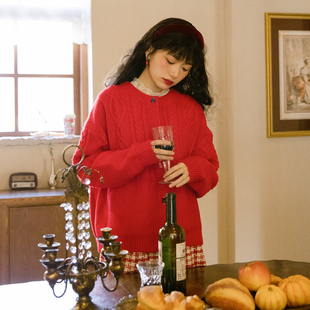 爱爱丸 糖果熊纽扣绞花毛衣针织开衫外套女红色复古宽松古着感