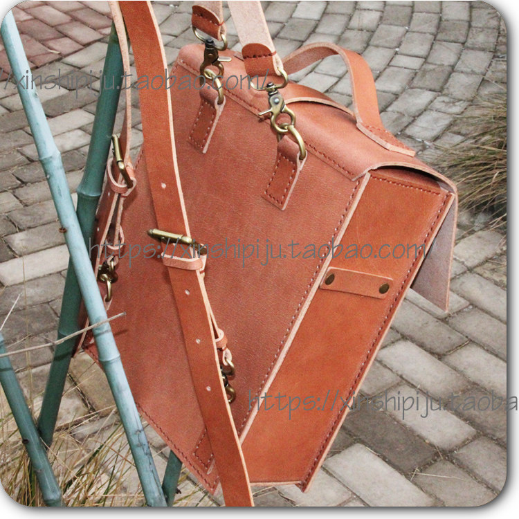 新款双肩手提定型包头层厚牛皮简洁大方复古风格豆腐块方包