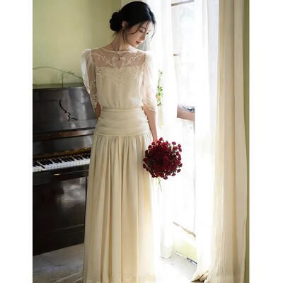 法式复古仙女风蕾丝出门纱气质宴会礼服裙生日长裙新娘订婚敬酒服