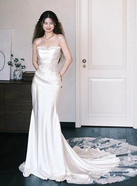 抹胸缎面法式简约超仙轻婚纱新娘绝美迎宾宴会出门纱高级感礼服