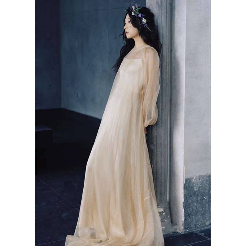 法式高级感仙女风晨袍女长袖小众森系温柔气质礼服长裙出门纱