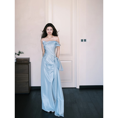 法式抹胸订婚领证礼服裙缎面小众生日成人礼新娘晨袍蓝色出门纱