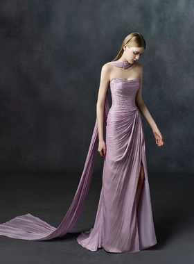 法式抹胸紫色晚礼服小众设计感缎面高级感新娘晨袍订婚宴会礼服