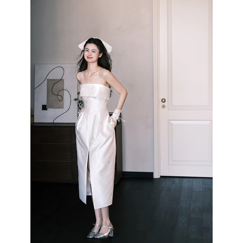 法式轻婚纱抹胸小白裙小个子气质新娘领证订婚宴会缎面成人礼礼服