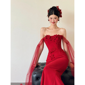 新中式 红色新娘敬酒服一字肩高级感小众缎面结婚订婚宴会回门礼服
