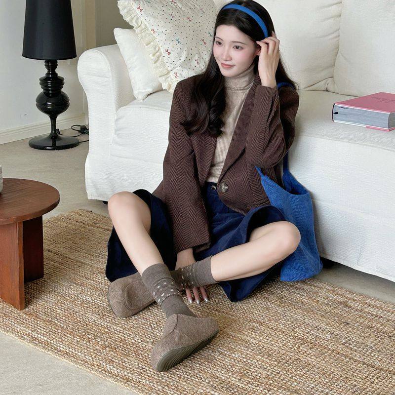 秋冬袜子女复古日系爱心几何中筒巴洛克设计小众堆堆袜拼色系