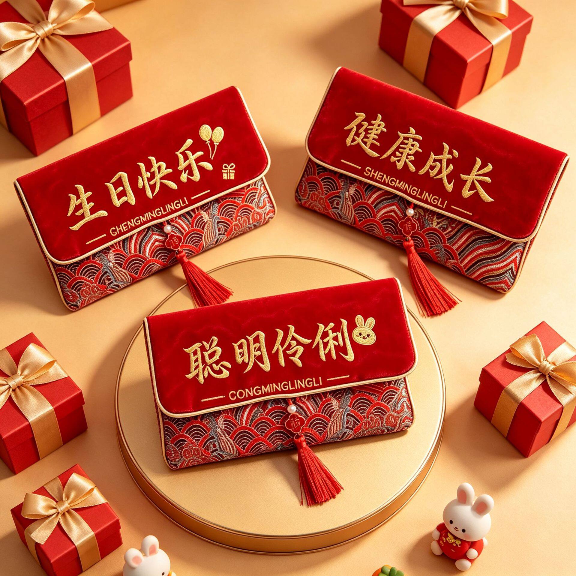 新款万元红包喜添萌宝创意高档新年周岁红包挂绳刺绣布艺红包袋