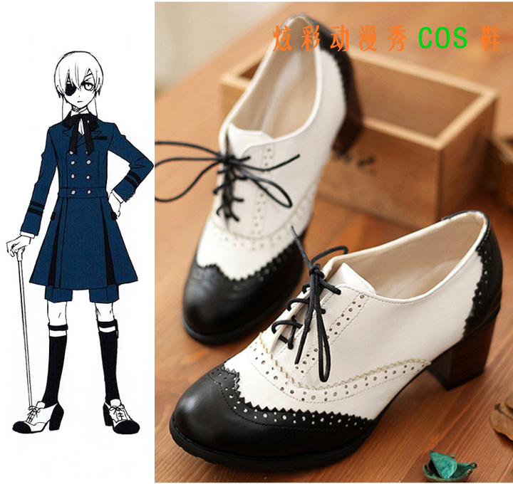 黑执事夏尔COS鞋 凡多姆海恩cosplay鞋子 黑白色布洛克雕花鞋大码