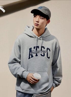 安踏加绒连帽卫衣男冬季新款字母印花休闲长袖运动上衣152448731N