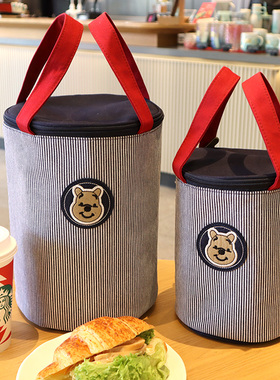 优质帆布饭盒包条纹圆形保温桶保温袋铝箔加厚带饭包手提袋便当包