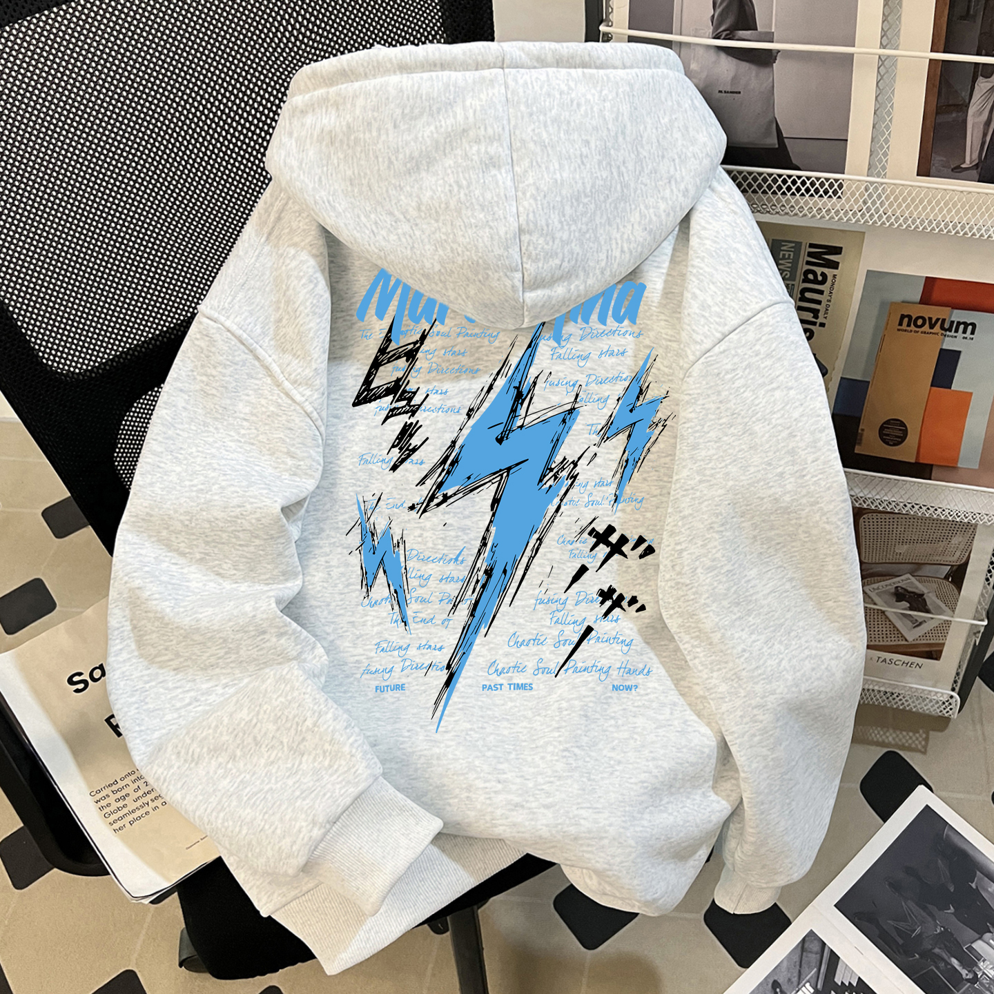 Mardi美式复古潮牌闪电字母印花连帽卫衣男女秋冬季宽松加绒加厚