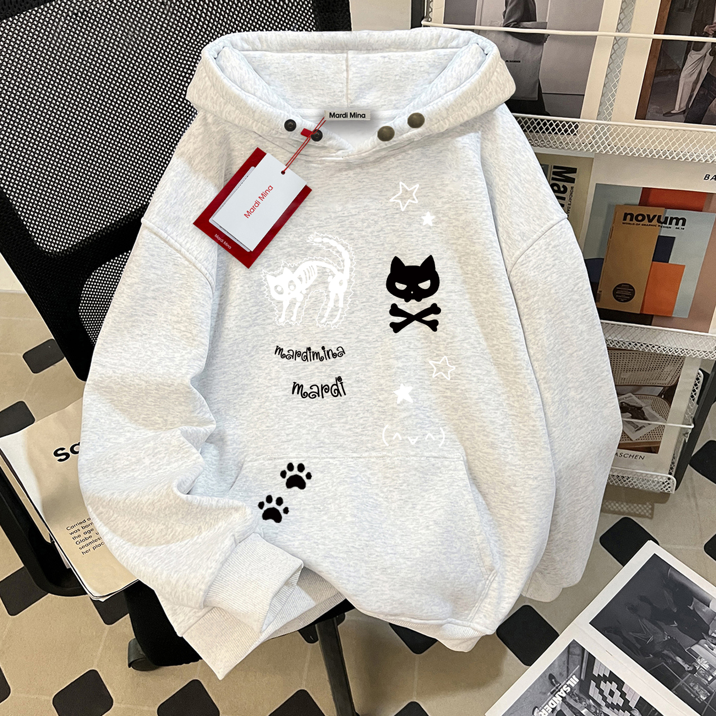 Mardi美式骷髅猫咪灰色卫衣男女连帽秋冬加绒加厚重磅纯棉初中生