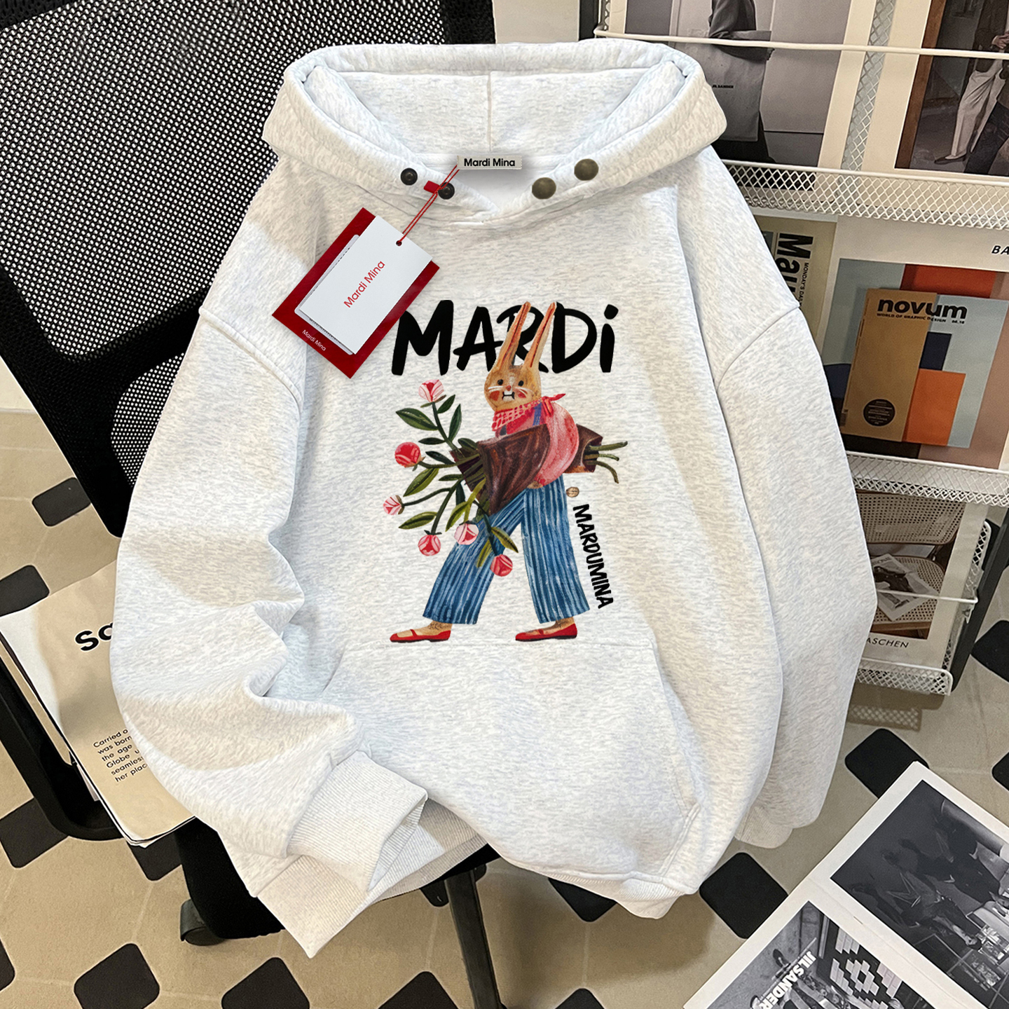 mardi美式卡通灰色连帽卫衣男女款秋冬加绒加厚2025新款重磅纯棉