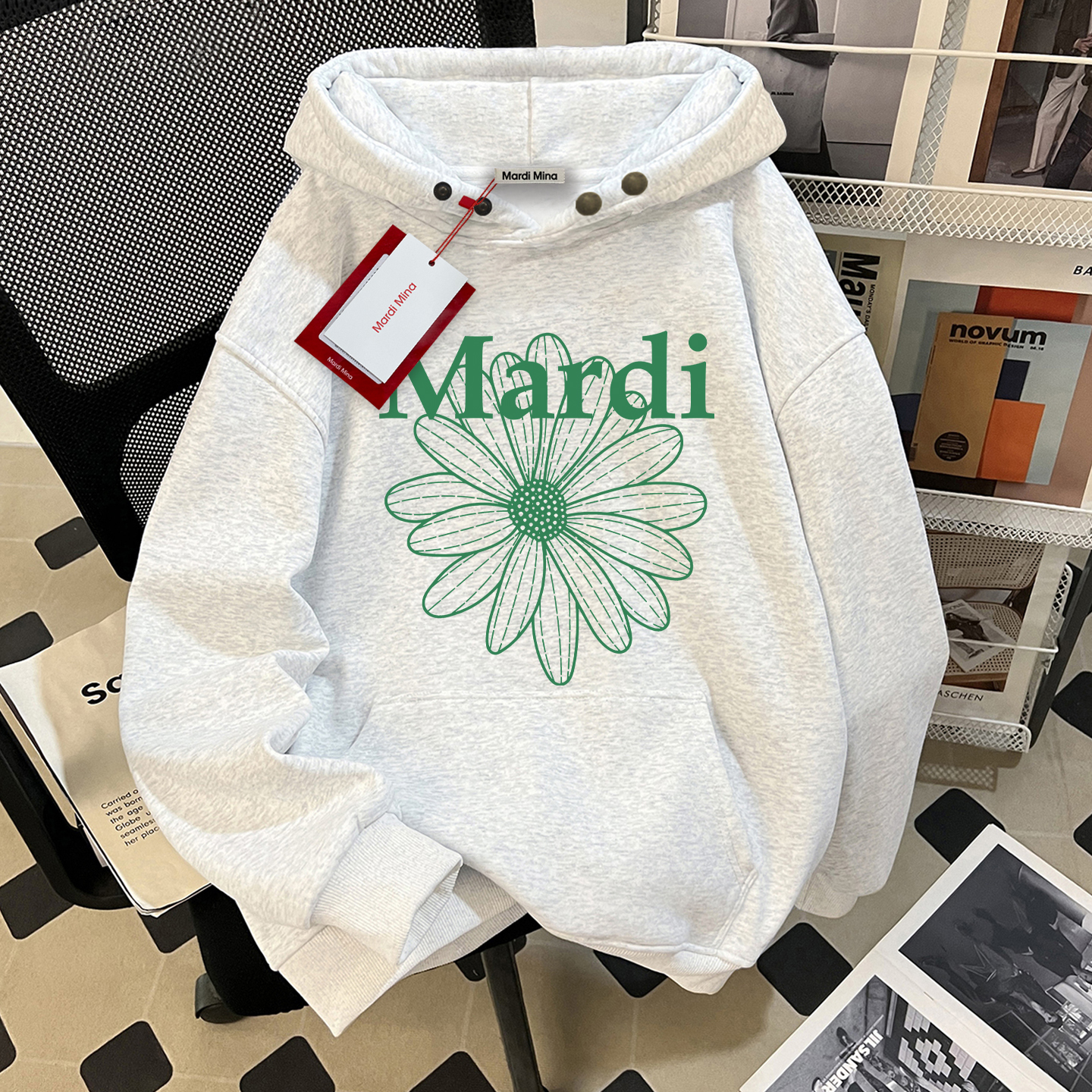 mardi小雏菊卫衣女秋冬加绒加厚灰色重磅纯棉高质量巨好看连帽衫