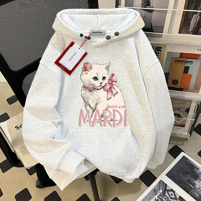mardi卡通小猫印花灰色连帽卫衣男女款2025秋冬加绒加厚重磅纯棉