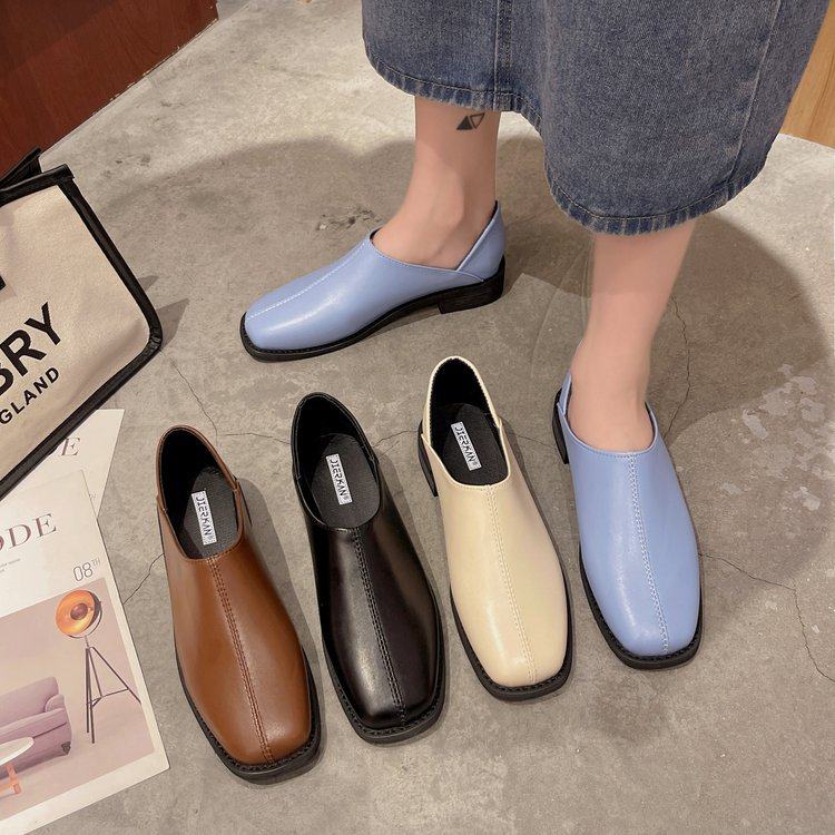 单鞋女2023新款女鞋春韩版方头小皮鞋女式不磨脚两穿平底鞋女