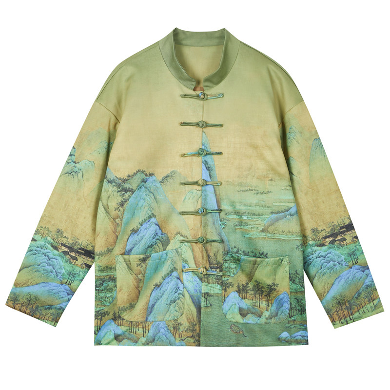 THOUSANDS OF MILES OF RIVERS AND MOUNTAINS NO DREAMS CHINESE STYLE COUPLES LANDSCAPE PAINTINGS PRINTED TANG JACKETS CHINESE STAND-UP COLLAR JACKETS MEN AND WOMEN