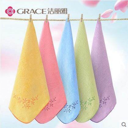 洁丽雅竹纤维方巾绣花拷边美容面巾 成人情侣儿童方巾洗脸巾5条装