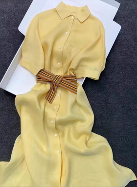 法式绝美高级裙子海边度假黄色Polo亚麻纯欲慵懒风女装连衣裙夏季
