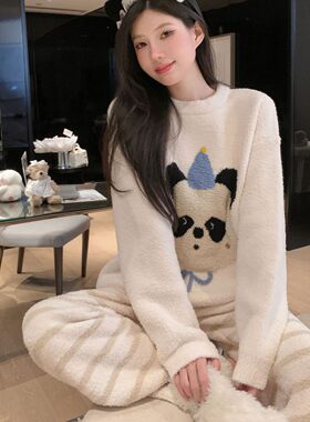 半边绒睡衣女冬季加厚珊瑚绒韩版学生可爱卡通保暖套装大码