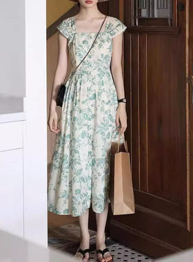 美丽的皇帝 仲夏物语 抗皱水墨印花连衣裙女夏收腰显瘦a字裙子