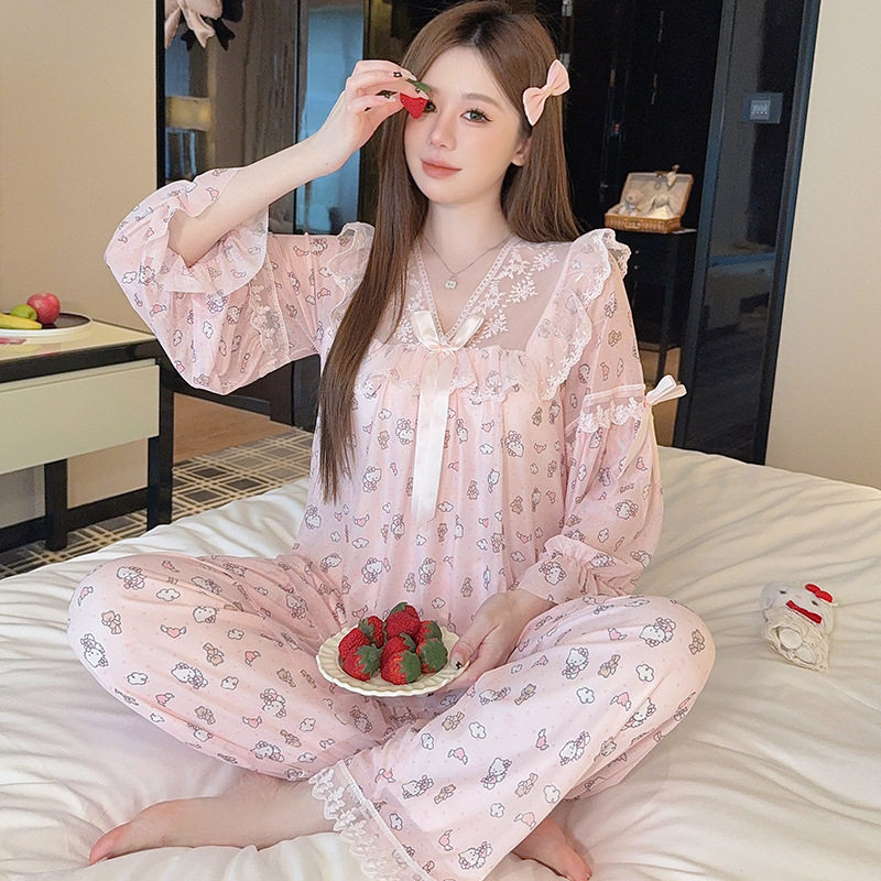 凌蕾春秋新款印花色蕾丝花边甜美宽松公主风网纱睡衣套装家居服