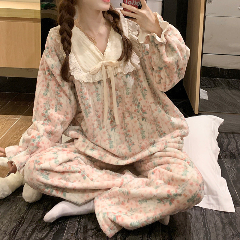 珊瑚绒睡衣女秋冬季加厚保暖可爱甜美新款法兰绒家居服公主风