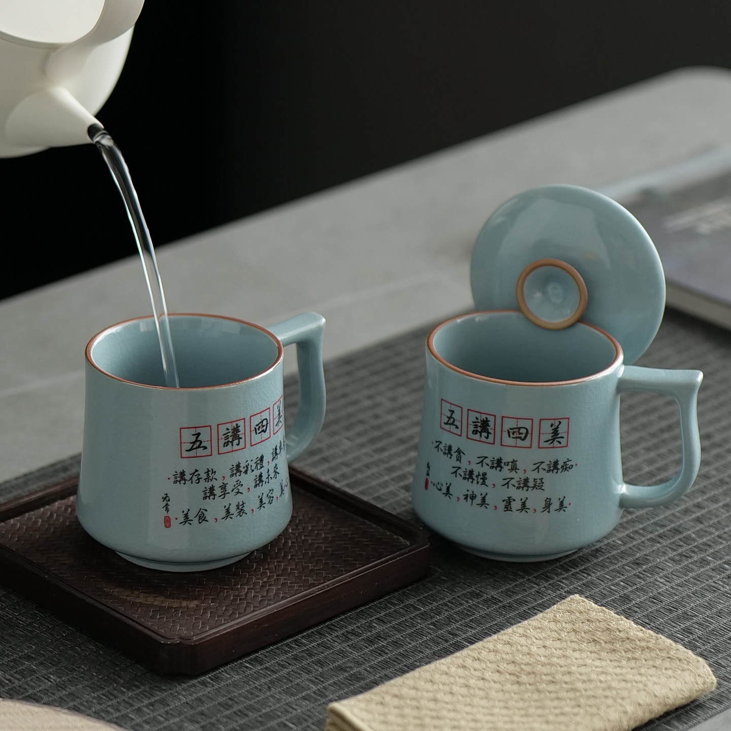 高档天青汝窑束腰办公杯个人专用单杯马克杯茶杯带盖大容量水杯子,餐饮具,马克杯,淘宝优惠券,粉丝福利购,淘宝优惠卷