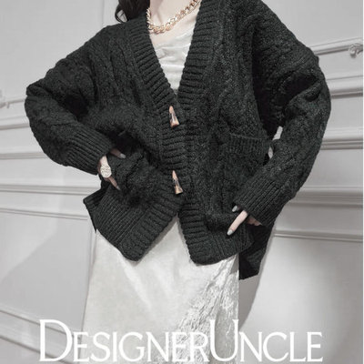 【小四粉丝专享】2025秋冬V领亮丝牛角扣开衫外套798