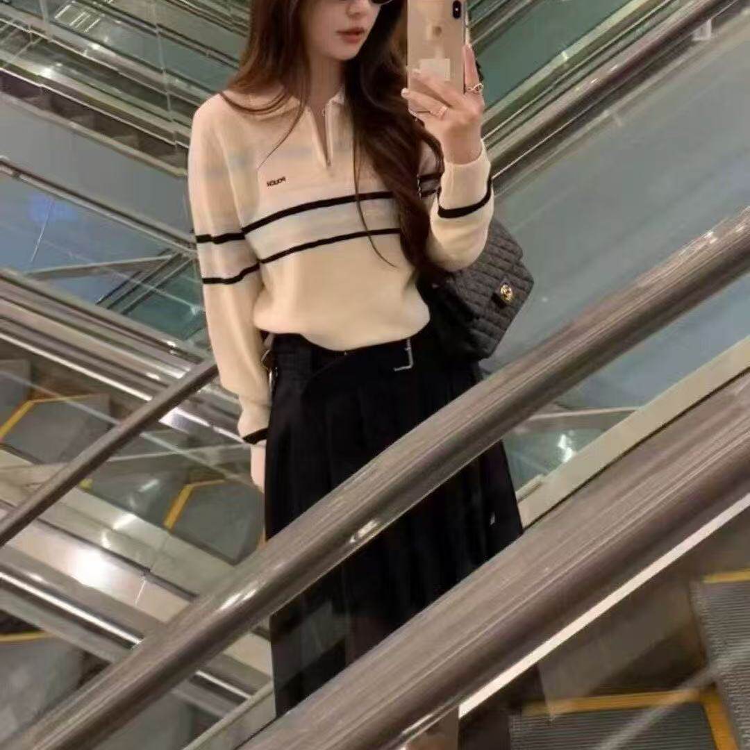 【小四粉色专享】翻领半拉链条纹撞色针织毛衣859