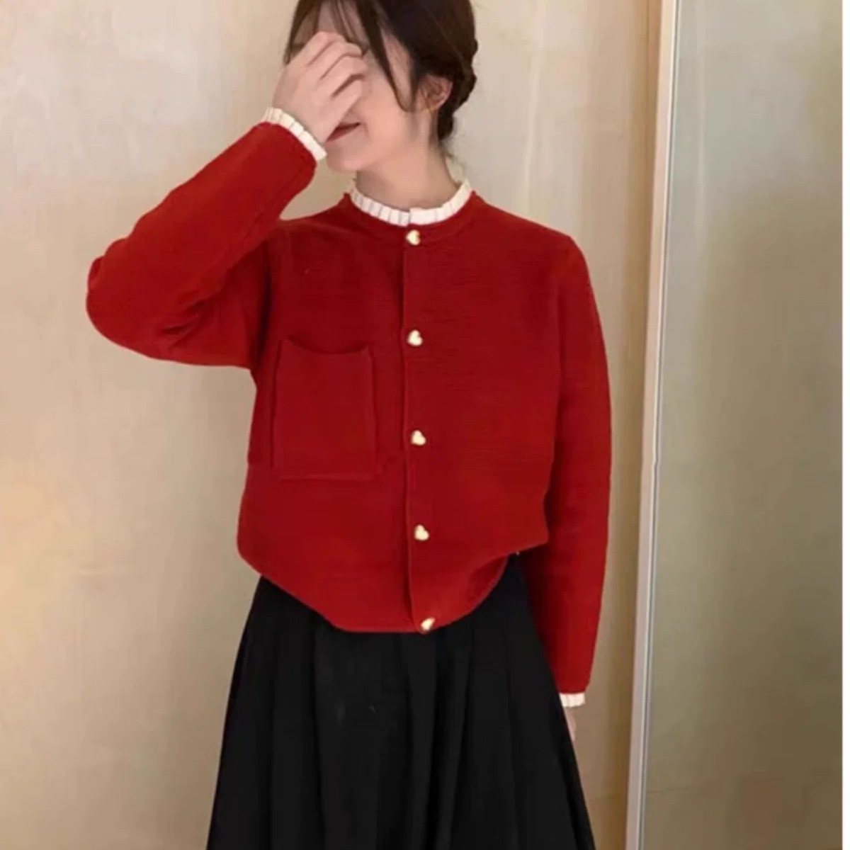 【小四粉丝专享】2025秋冬圆领花边小香风口袋针织开衫外套837