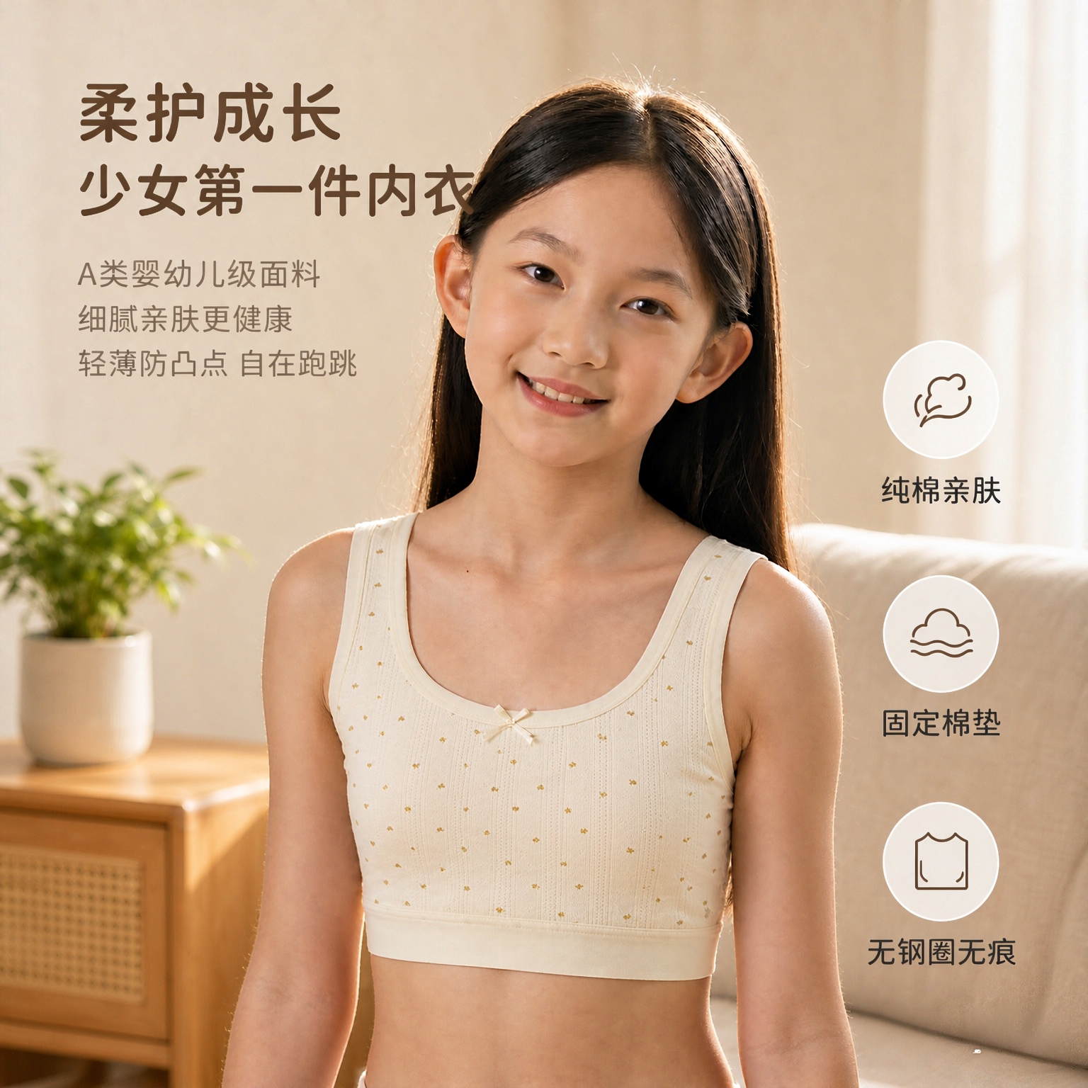 A类轻薄纯棉防凸点少女背心文胸