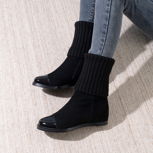 VIDIVICI小众毛线中筒靴内增高圆头羊皮弹力靴两穿5cm坡跟女靴子
