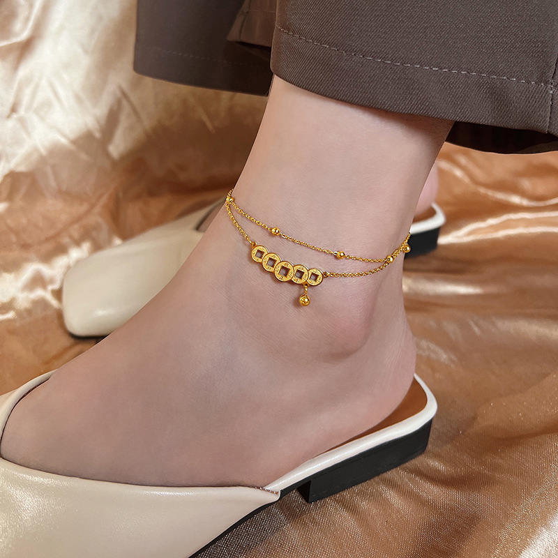五帝钱脚链女新款小众设计性感复古铜钱钛钢足链轻奢高级感脚踝链