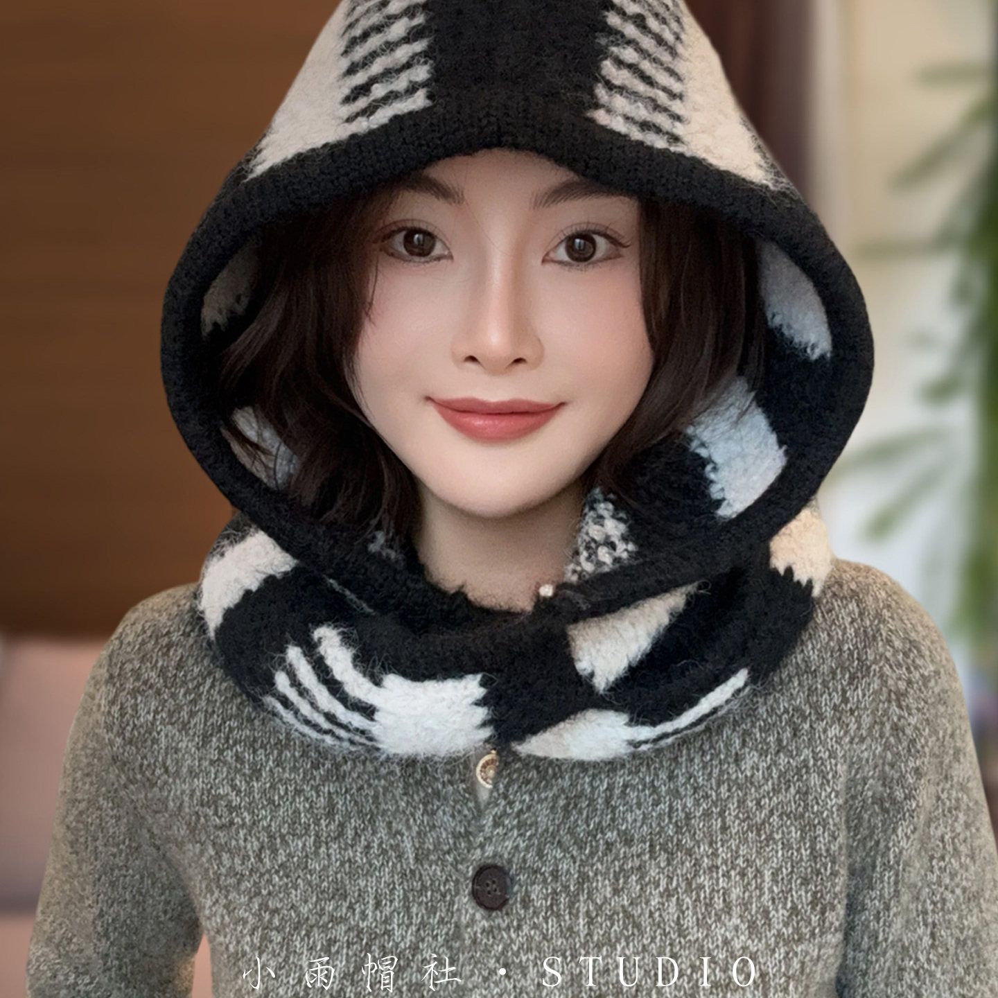 2026针织连帽围巾女秋冬黑白拼接毛线帽护颈防风保暖帽子护耳帽