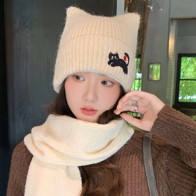 2025新款针织帽女秋冬小猫刺绣
